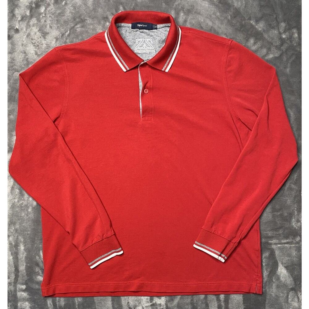 Zegna Sport Long Sleeve Polo Shirt Men's XL Red Pullover Embroidered Ermenegildo